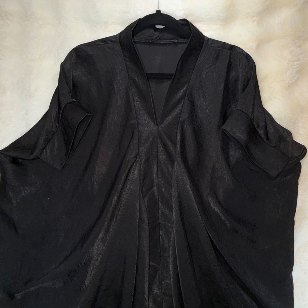 Womens Black Satin Draped Avant Garde V-Neck Midi Dress Short Sleeve Cocktail - Picture 2 of 10